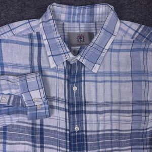 The Territory Ahead Shirt Mens XL Linen Plaid‎ Blue Button Up Long Sleeve Casual